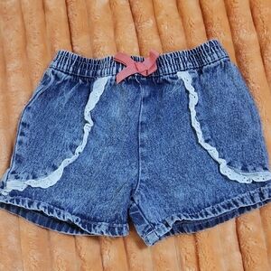 Denim Shorts with Lace Trim and Pink Bow